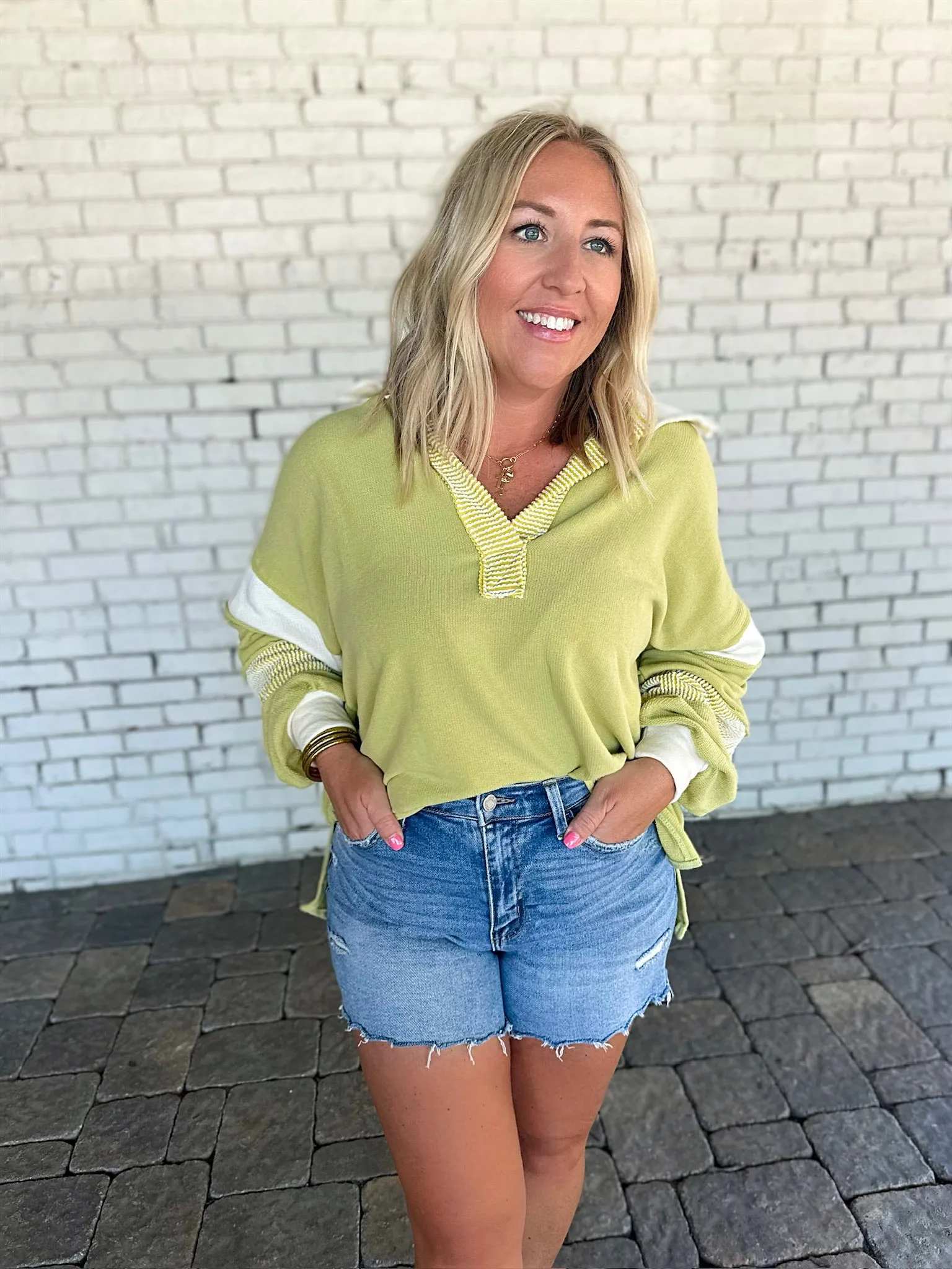 Love You Again Collared Pullover- Lime