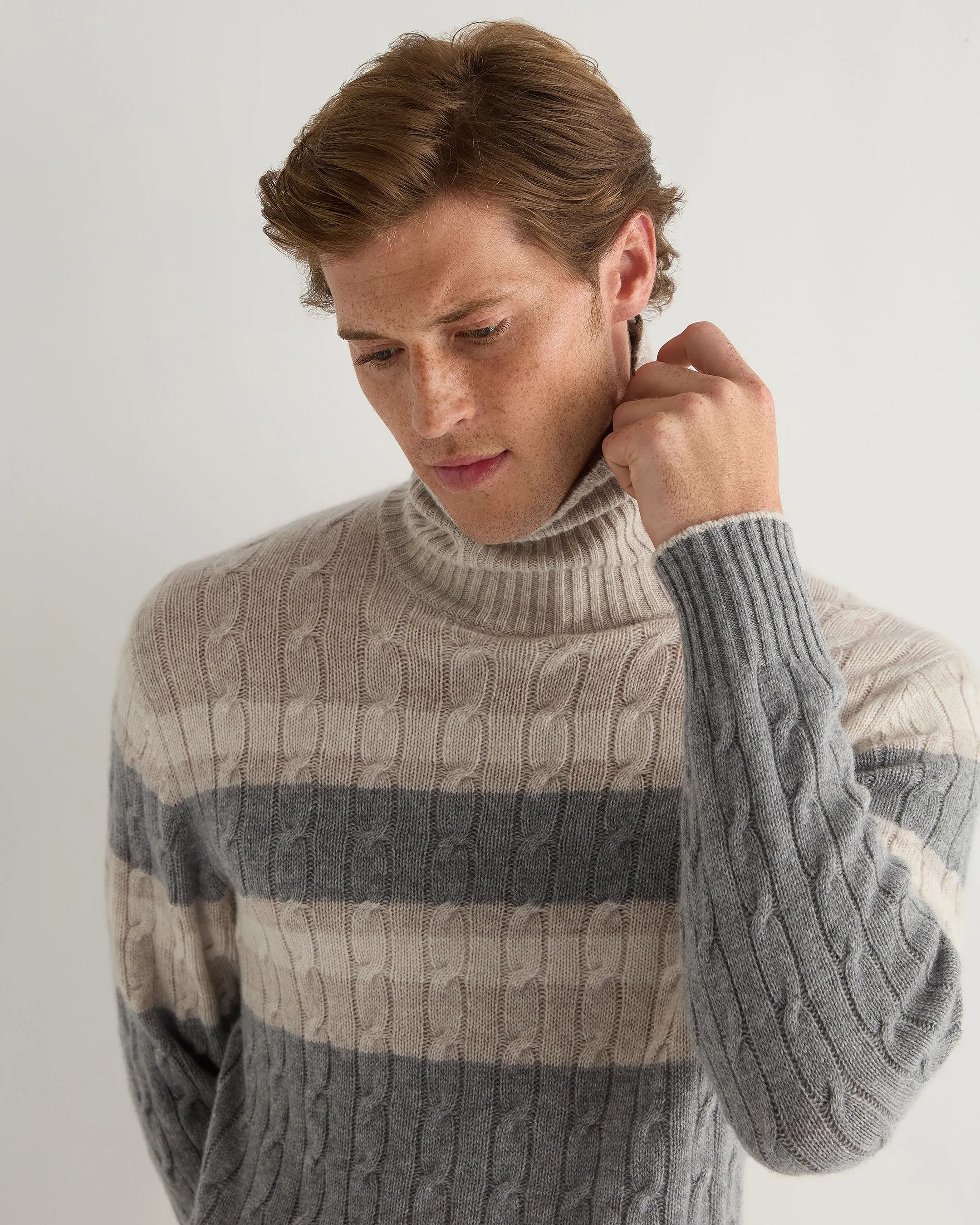 Men's Berwick Stripe Roll Neck Cashmere Jumper Frost White