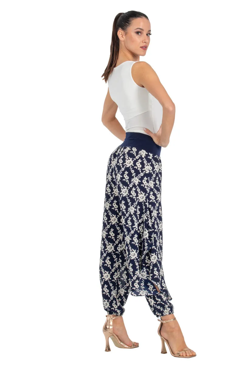 Navy Blue Floral Print Harem Pants With Slits