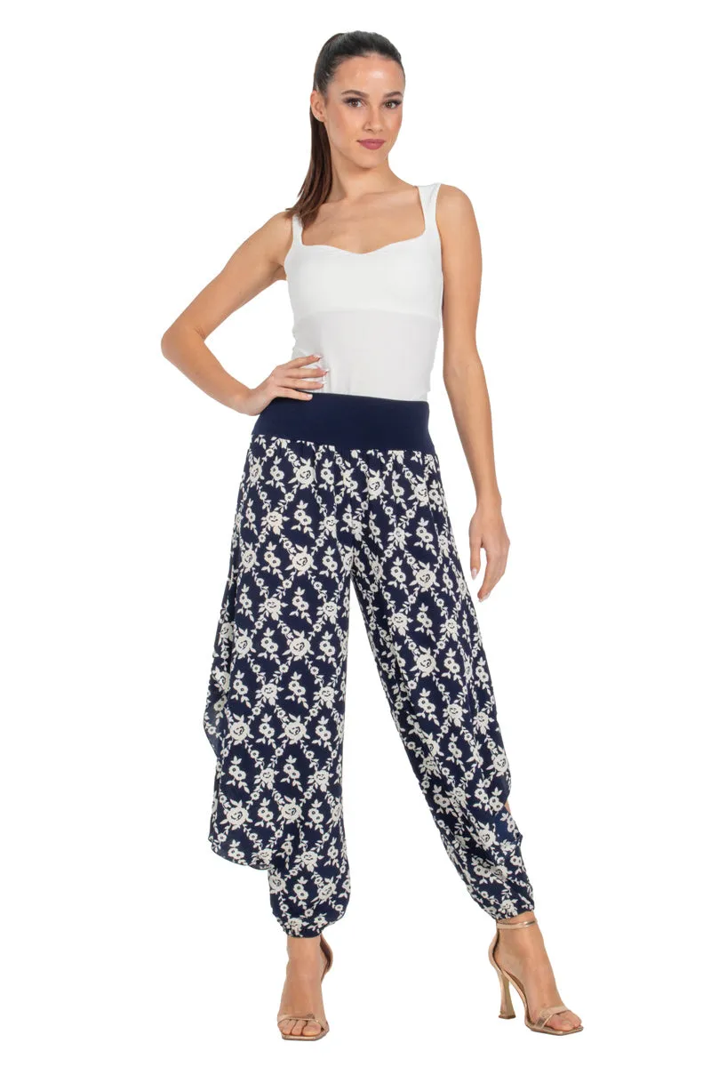 Navy Blue Floral Print Harem Pants With Slits