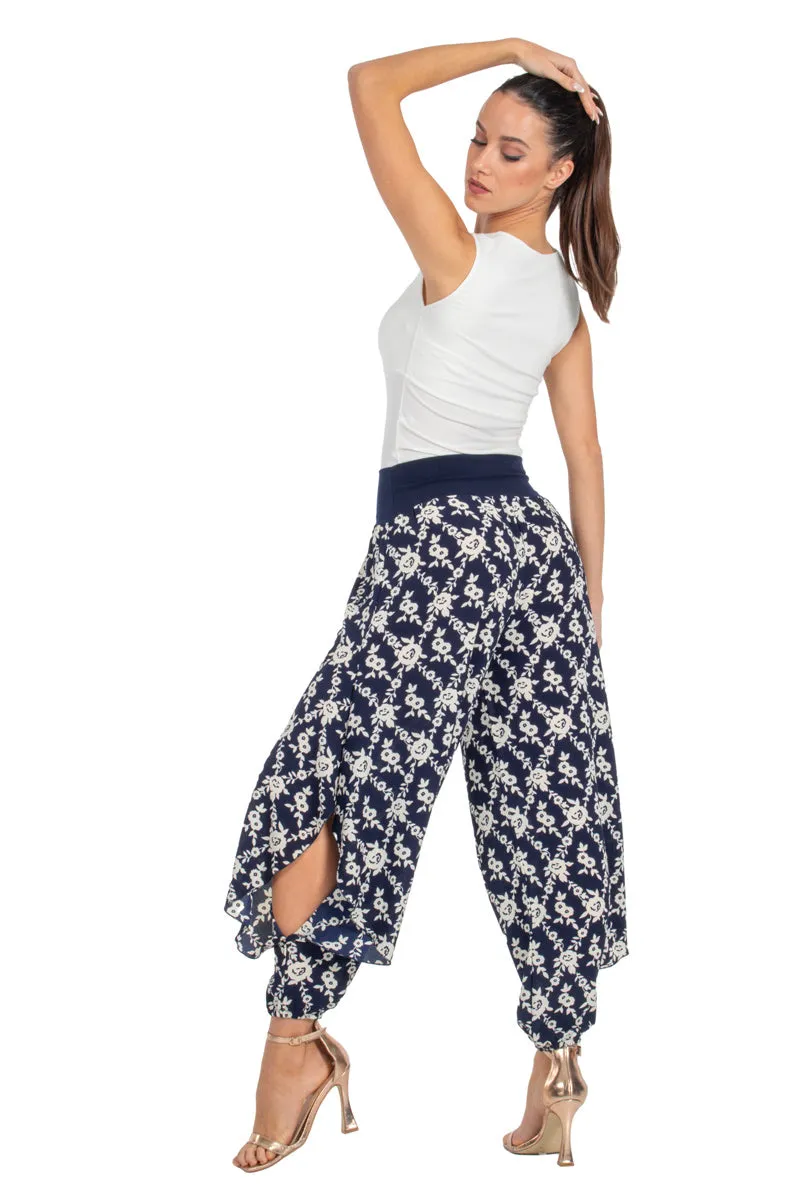 Navy Blue Floral Print Harem Pants With Slits