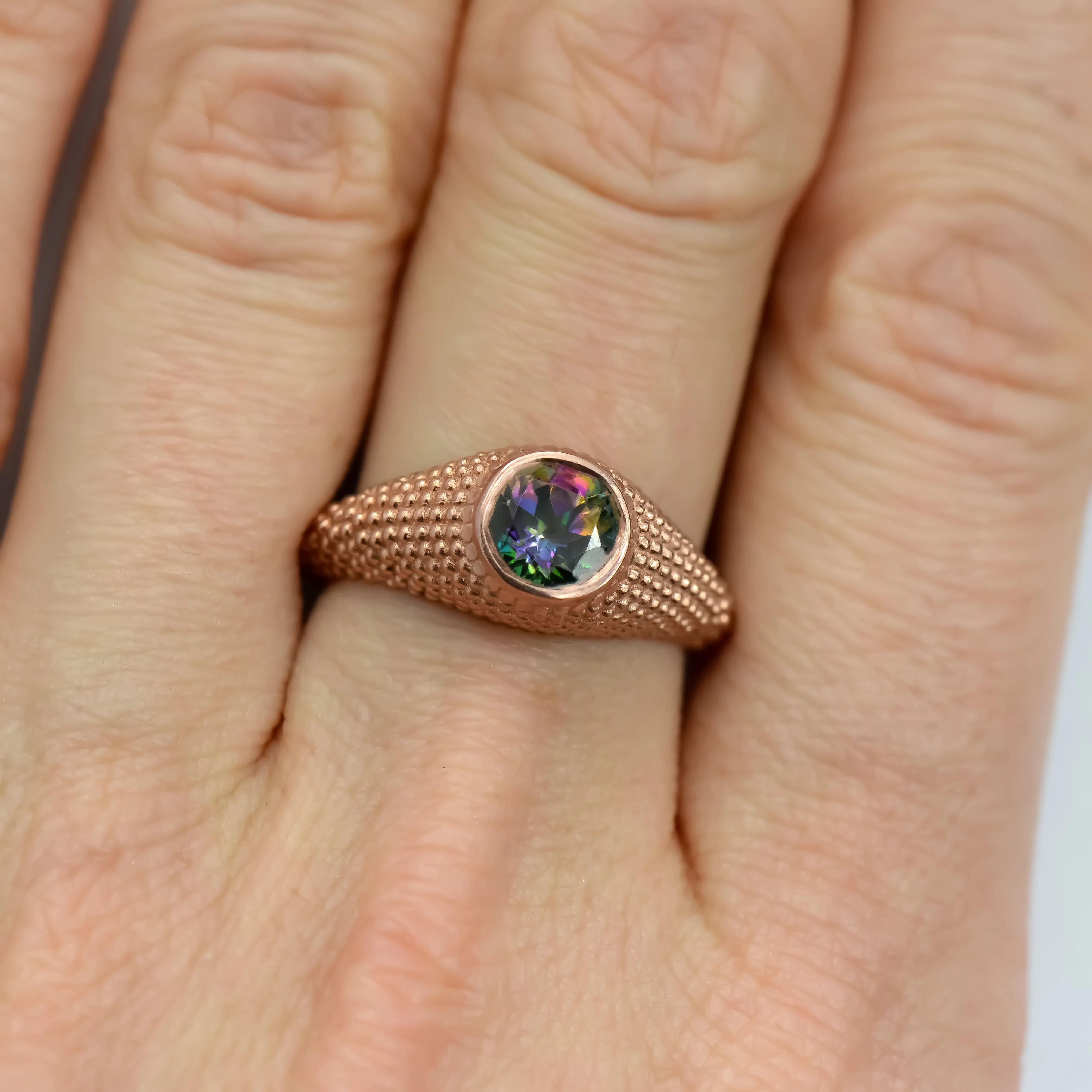 Nubia Round Mystic Topaz Rose Gold Ring Size 7.25US