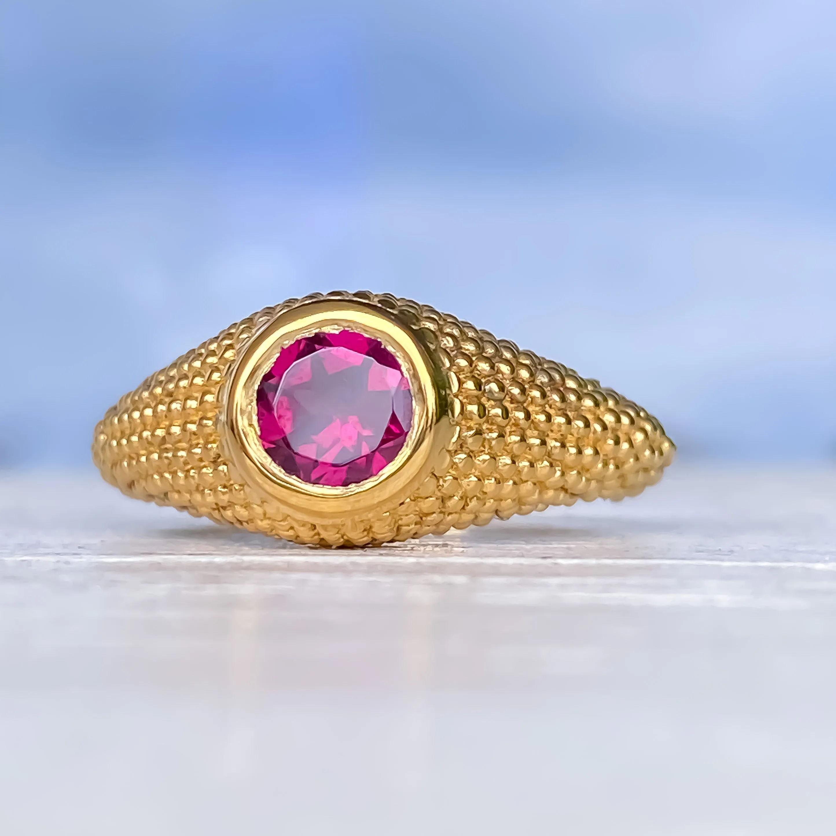 Nubia Round Rhodolite Yellow Gold Ring Size 7.25US