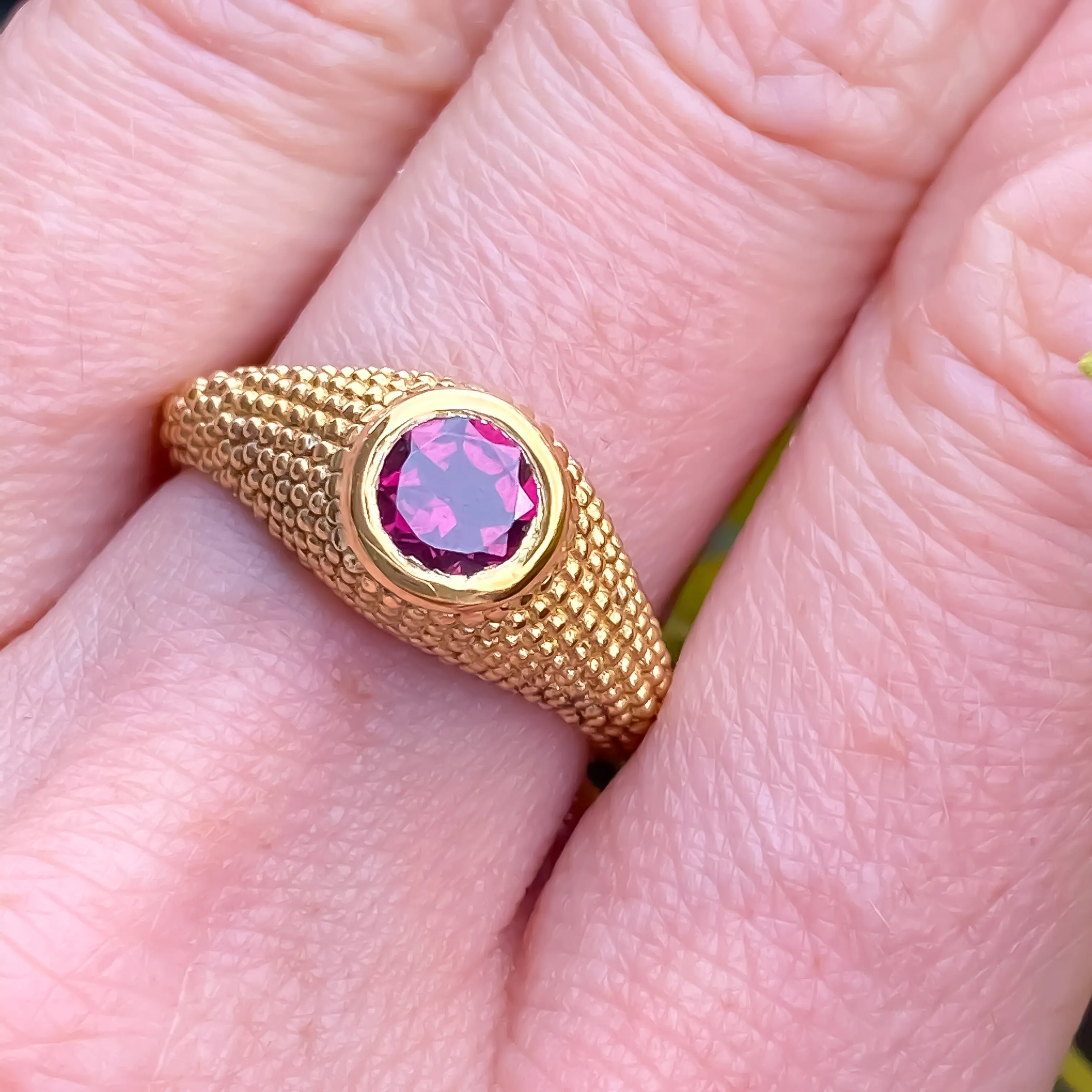 Nubia Round Rhodolite Yellow Gold Ring Size 7.25US