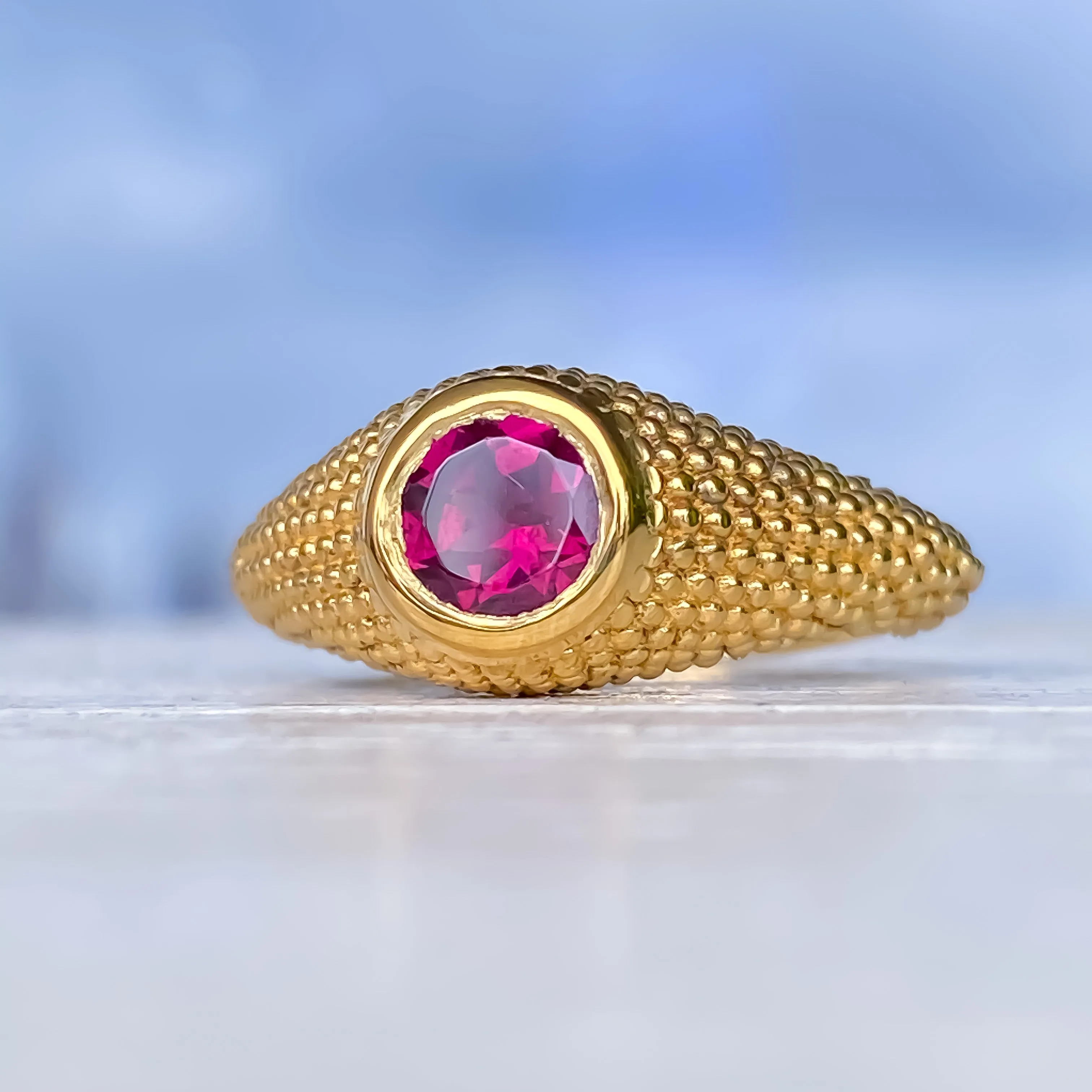 Nubia Round Rhodolite Yellow Gold Ring Size 7.25US