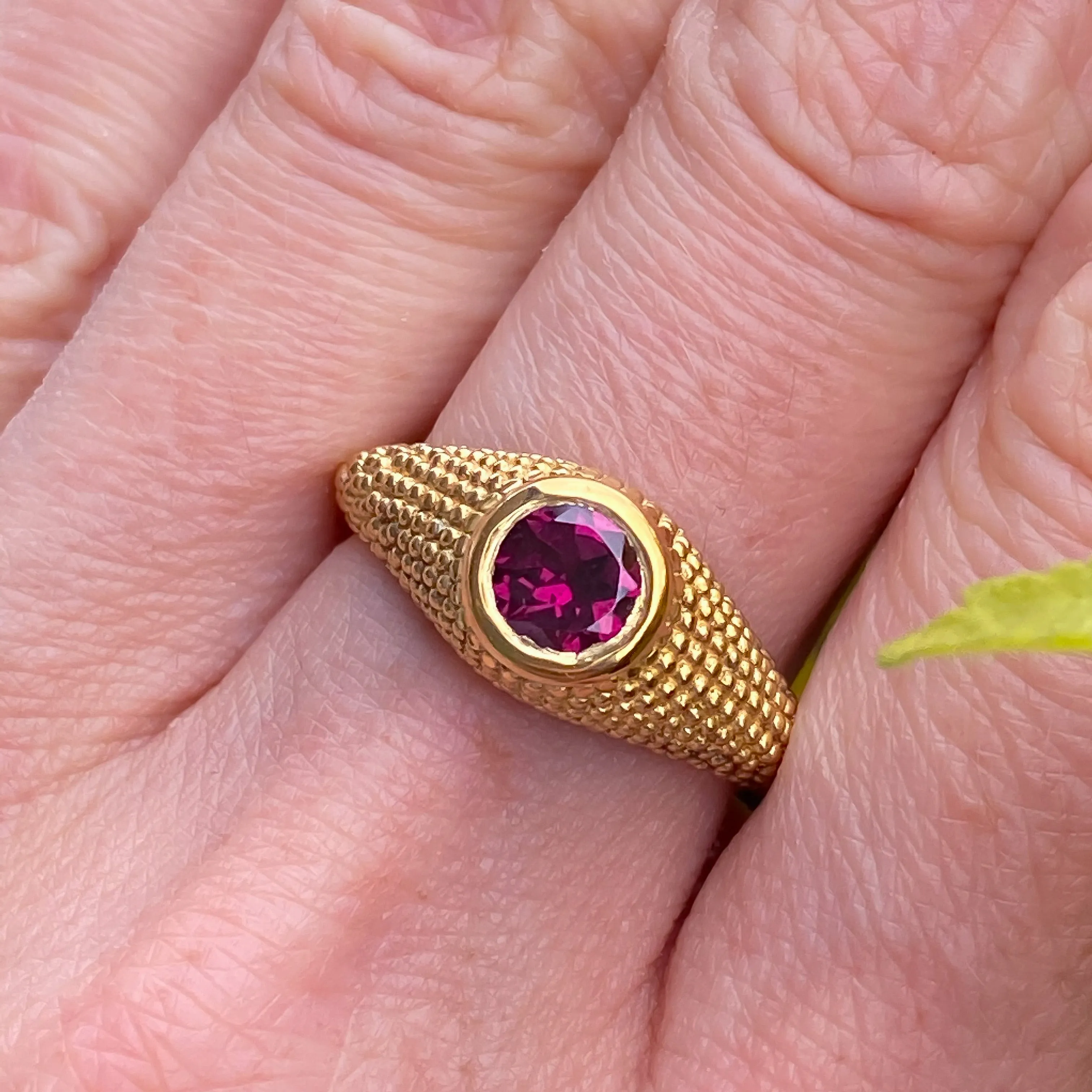 Nubia Round Rhodolite Yellow Gold Ring Size 7.25US