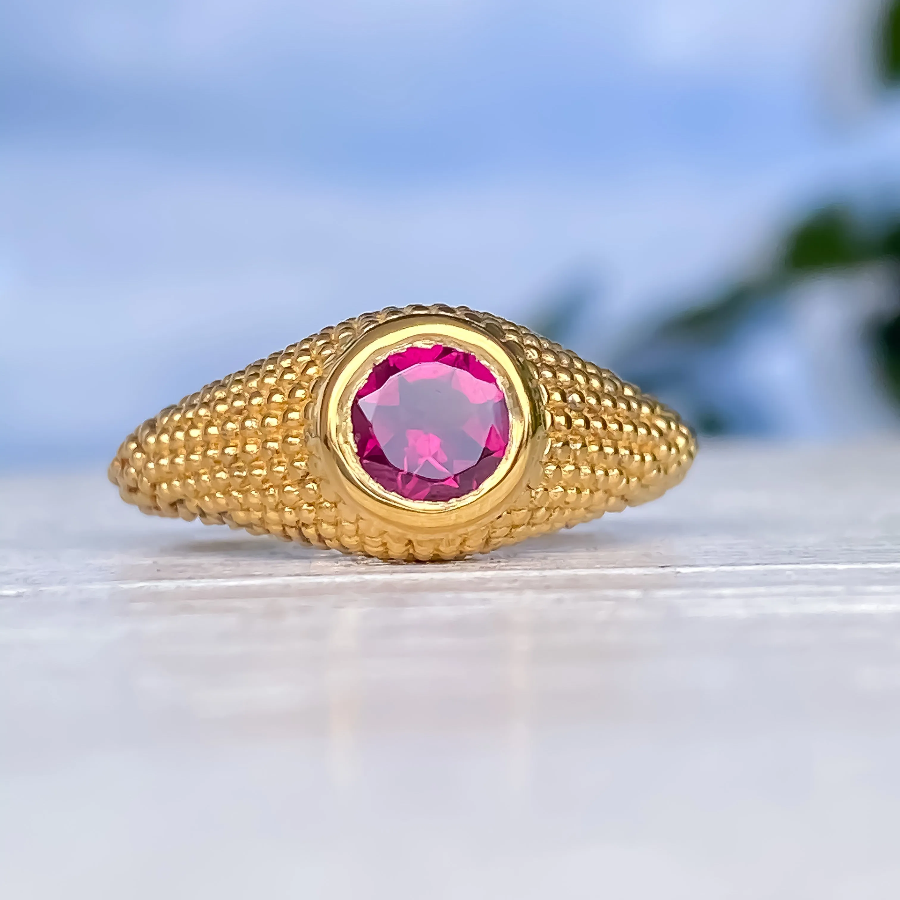 Nubia Round Rhodolite Yellow Gold Ring Size 7.25US