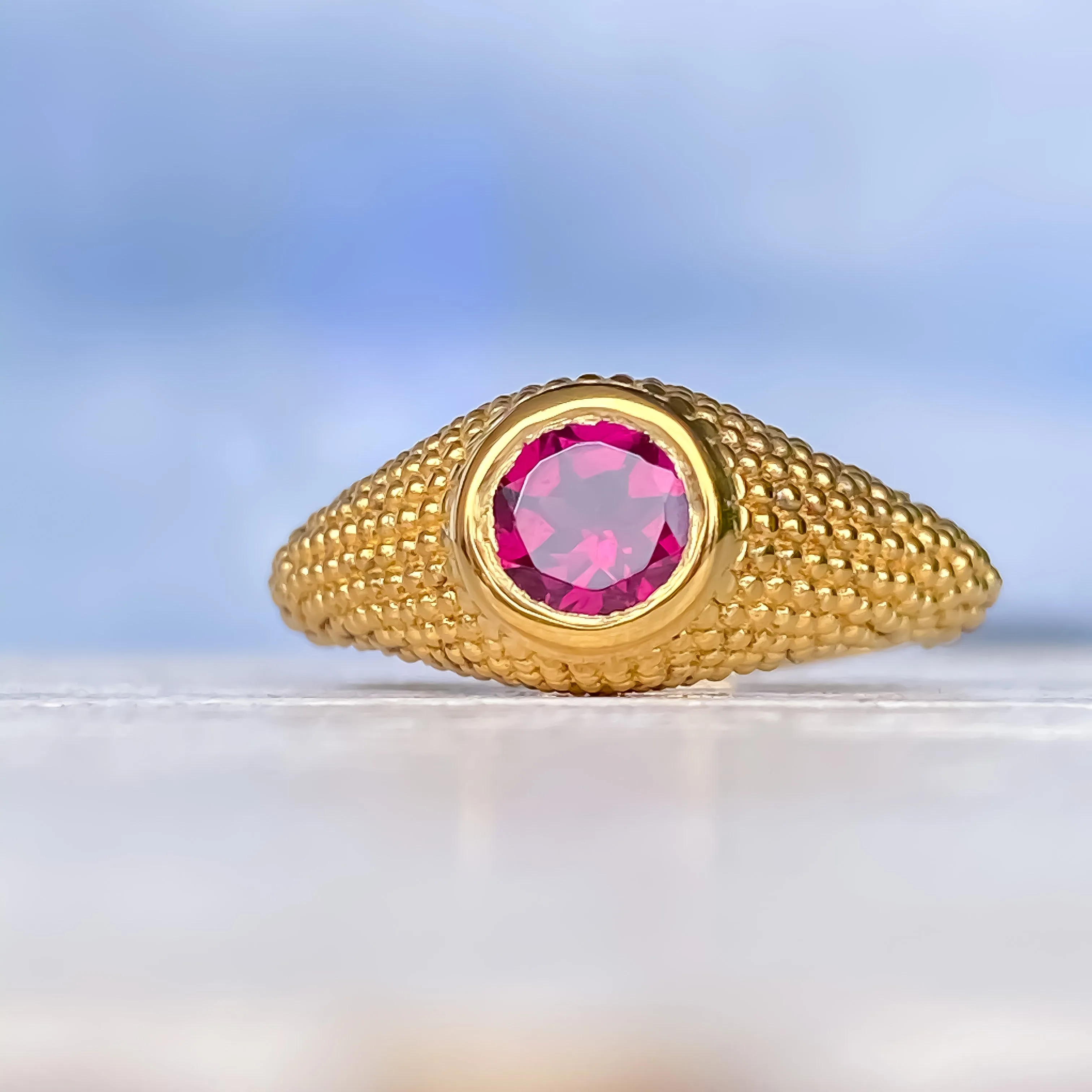 Nubia Round Rhodolite Yellow Gold Ring Size 7.25US