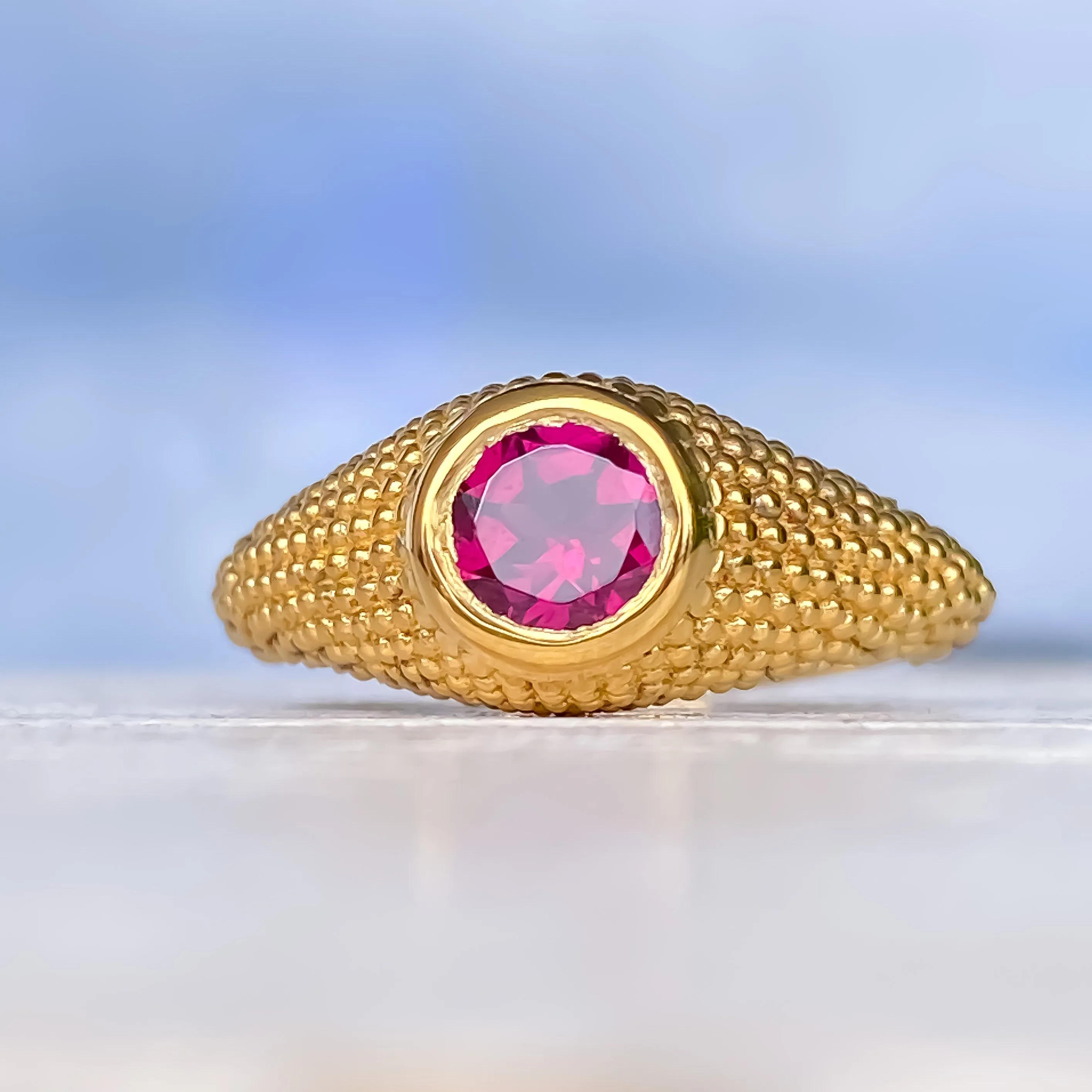 Nubia Round Rhodolite Yellow Gold Ring Size 7.25US