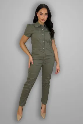 Olive Popper Button Fastening Denim Boiler Jumpsuit