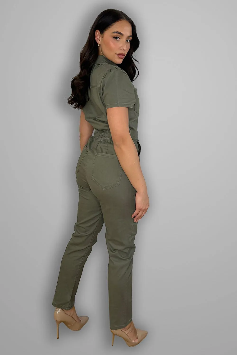 Olive Popper Button Fastening Denim Boiler Jumpsuit