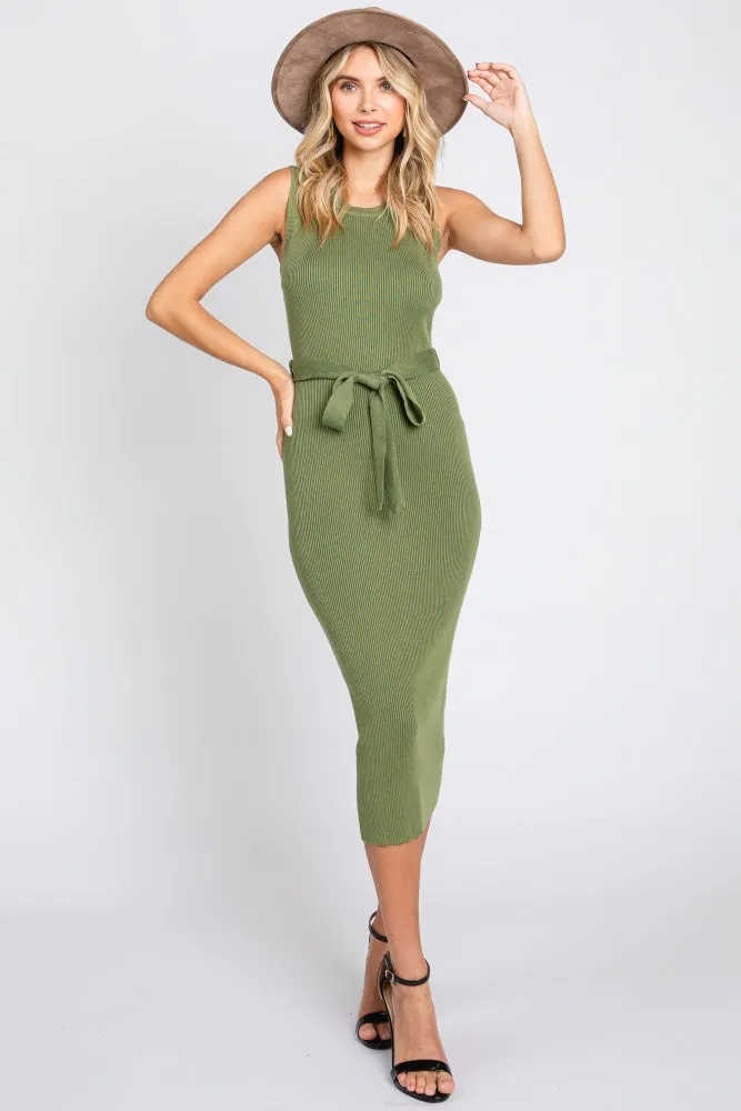 Olive Rib Knit Sleeveless Midi Dress