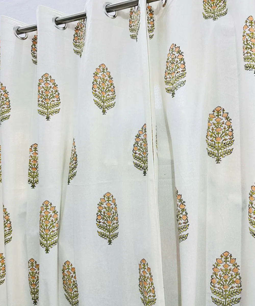 Peach hand sanganeri printed cotton door curtain set of 2