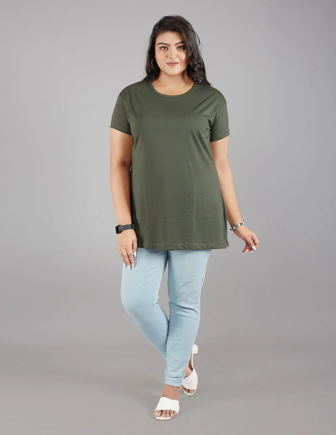 Plus Size Plain Cotton T-Shirt For Women - Olive Green