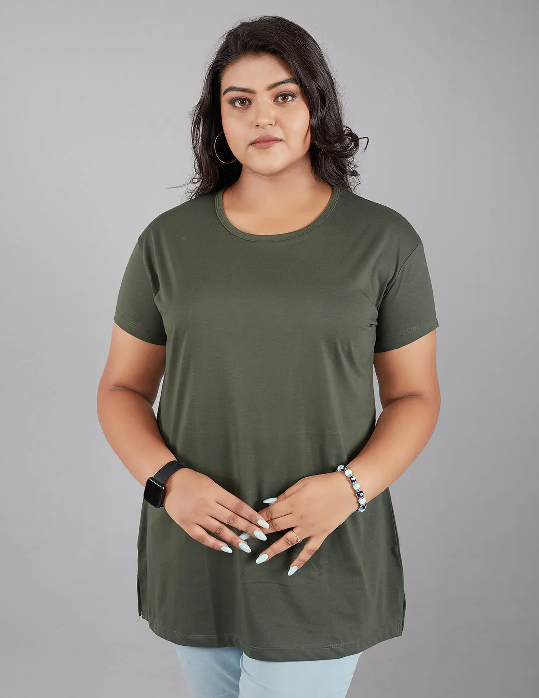 Plus Size Plain Cotton T-Shirt For Women - Olive Green