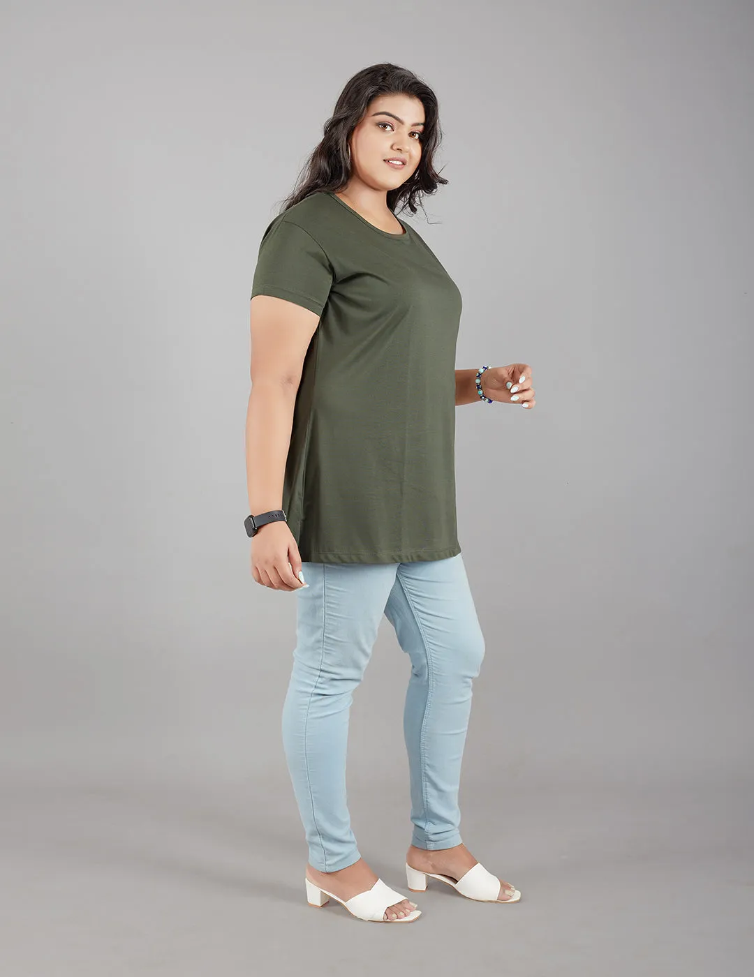 Plus Size Plain Cotton T-Shirt For Women - Olive Green