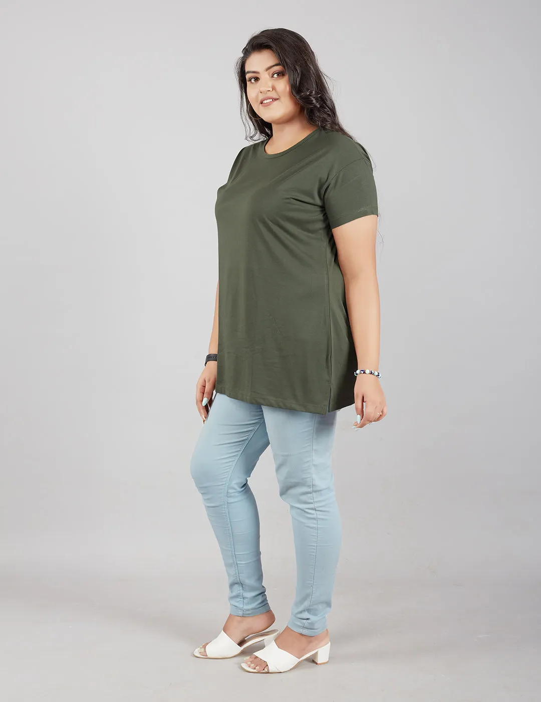 Plus Size Plain Cotton T-Shirt For Women - Olive Green