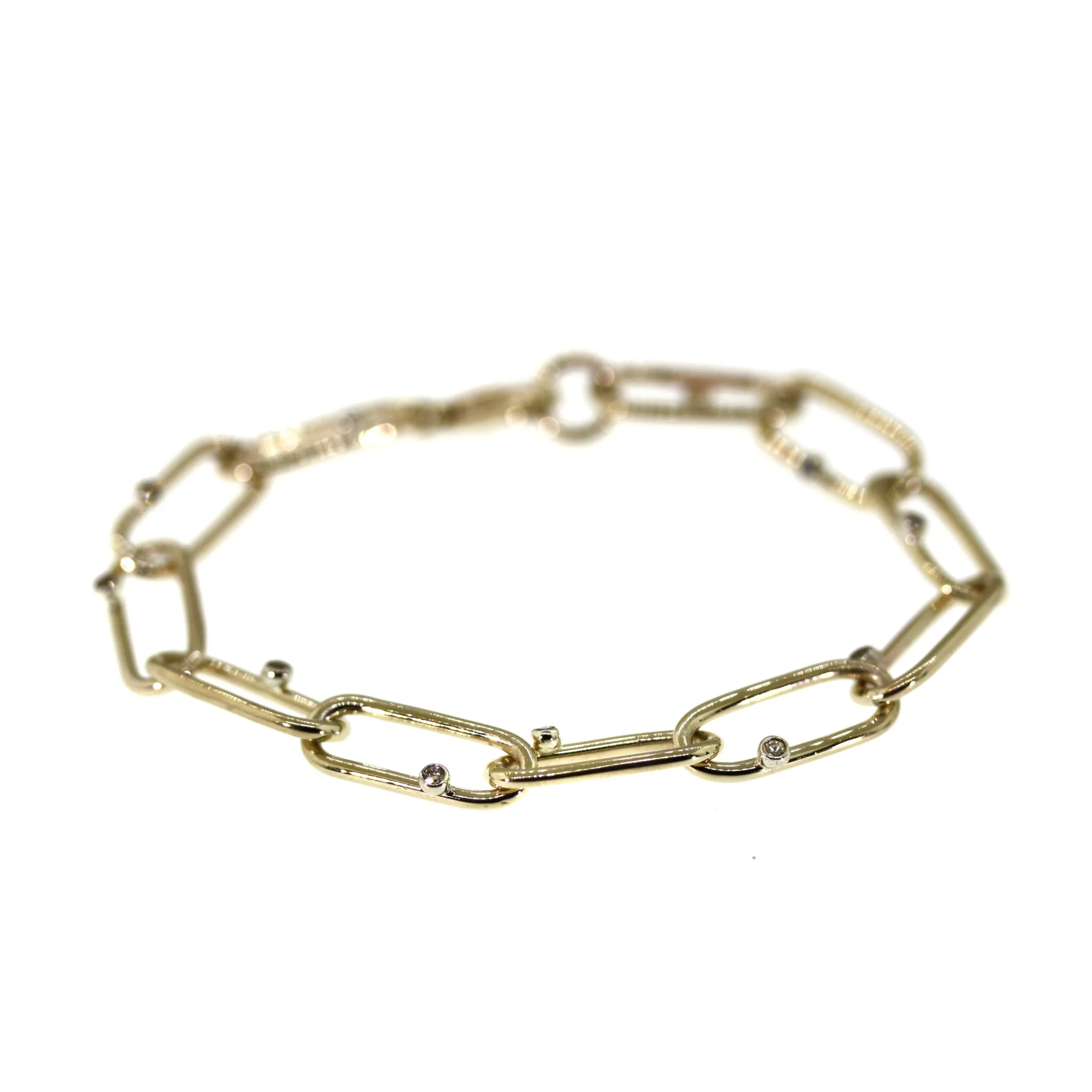 Polished Yellow Gold Link & Diamond Bracelet