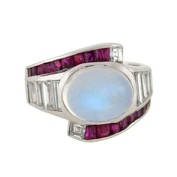 Retro Platinum Moonstone, Diamond & Ruby Ring