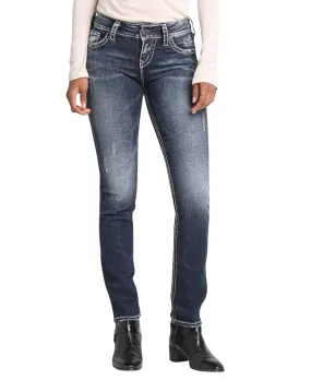 'Silver Jeans' Women's Suki Mid Rise Straight Leg - Distressed Dark Indigo