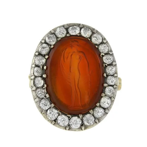 Victorian 14kt/Silver Carnelian Intaglio & Diamond Ring