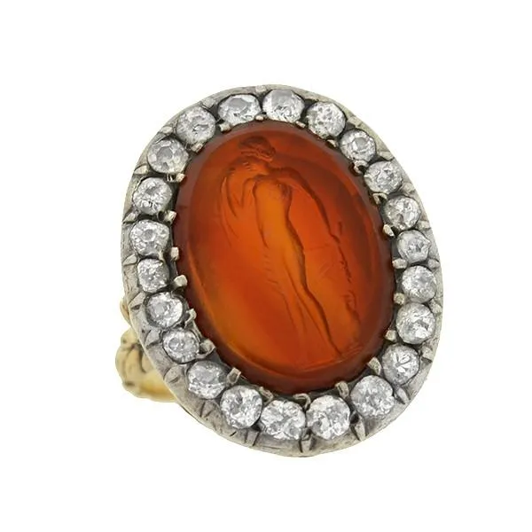 Victorian 14kt/Silver Carnelian Intaglio & Diamond Ring