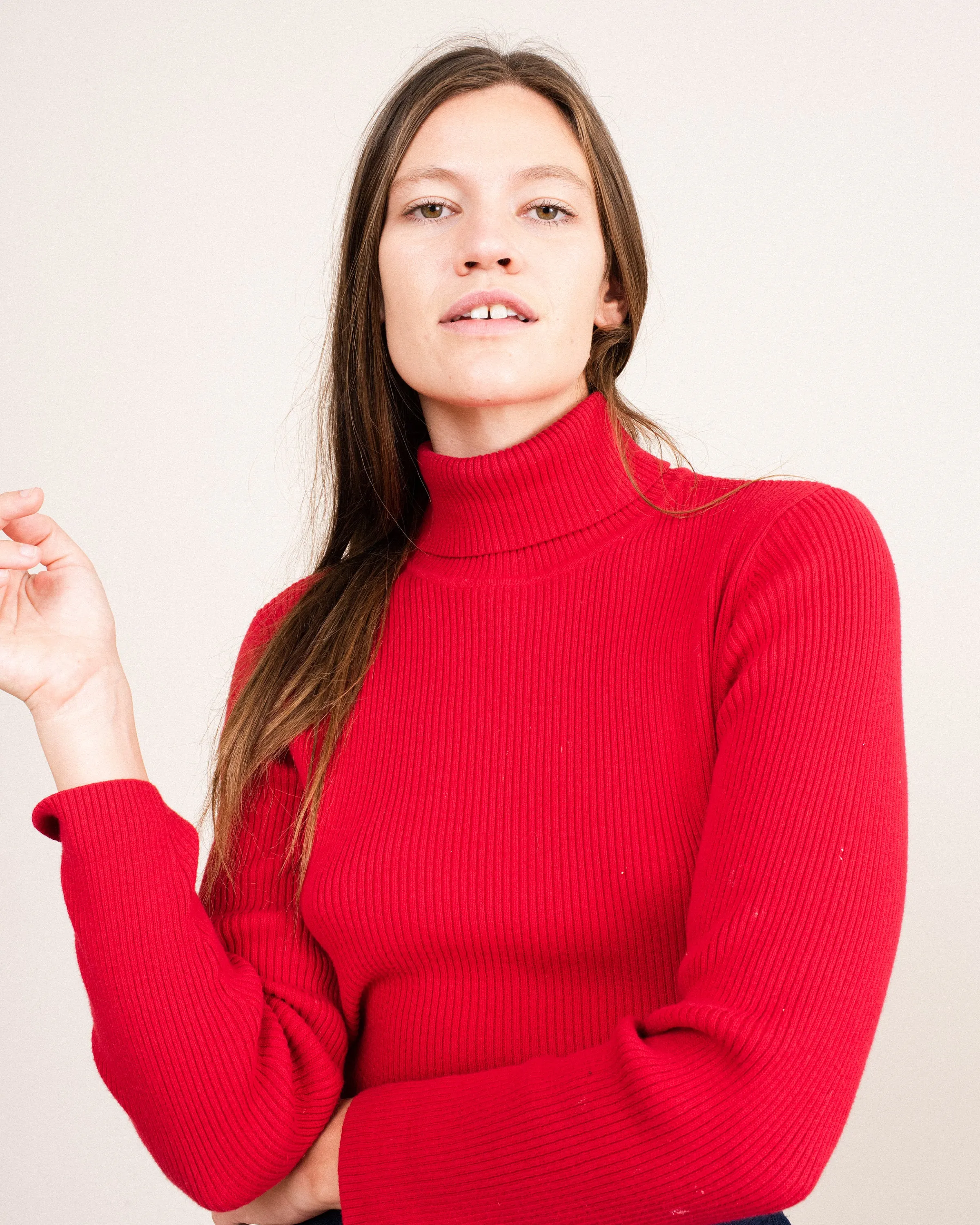 Vintage Cherry Red Rib Knit Turtleneck Sweater (S/M)