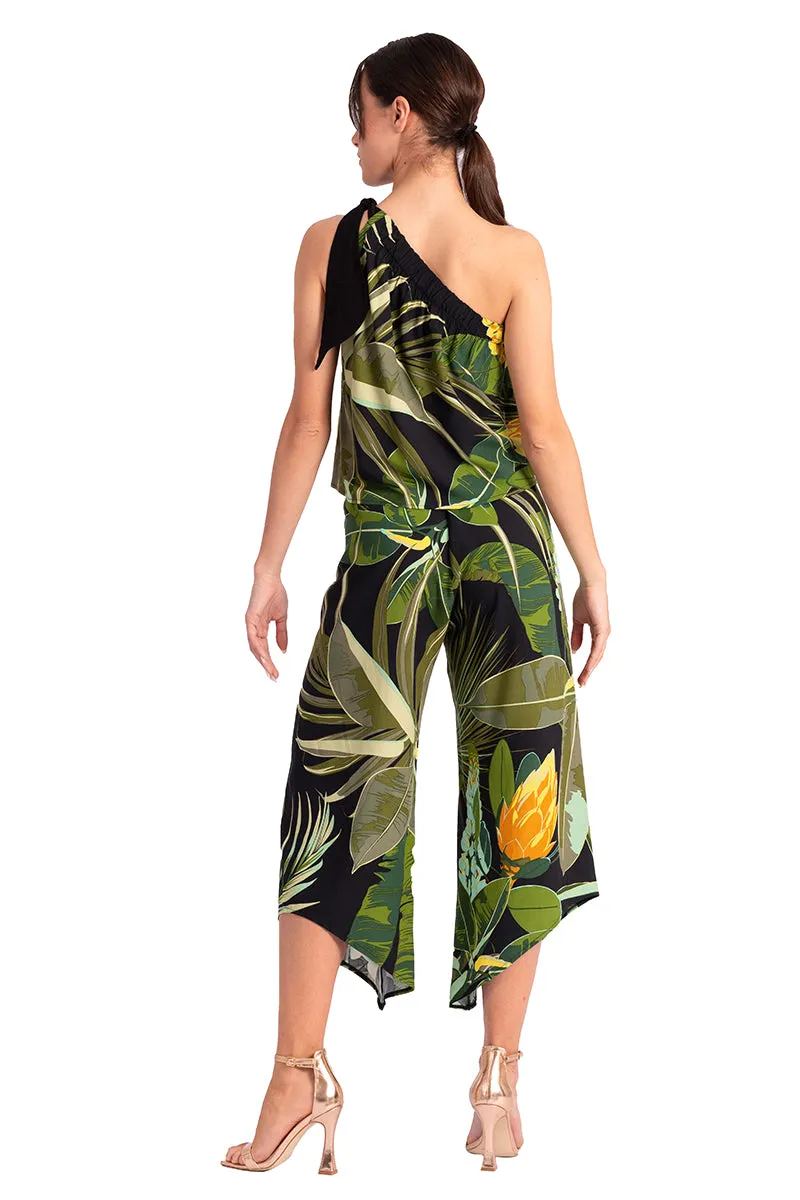 Waist Tie Tropical Print Asymmetric Cropped Tango Pants