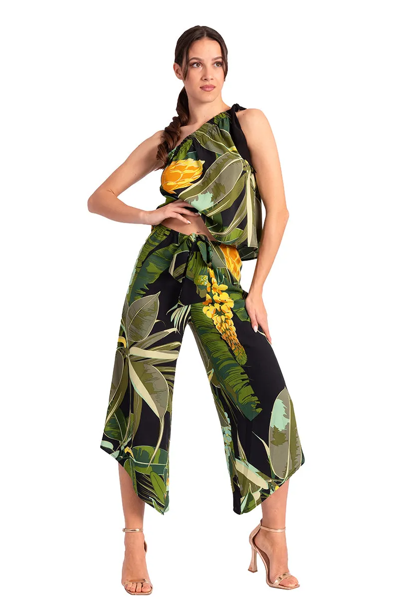 Waist Tie Tropical Print Asymmetric Cropped Tango Pants