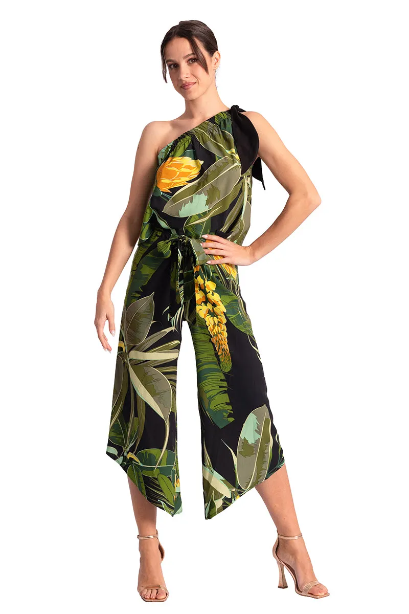 Waist Tie Tropical Print Asymmetric Cropped Tango Pants