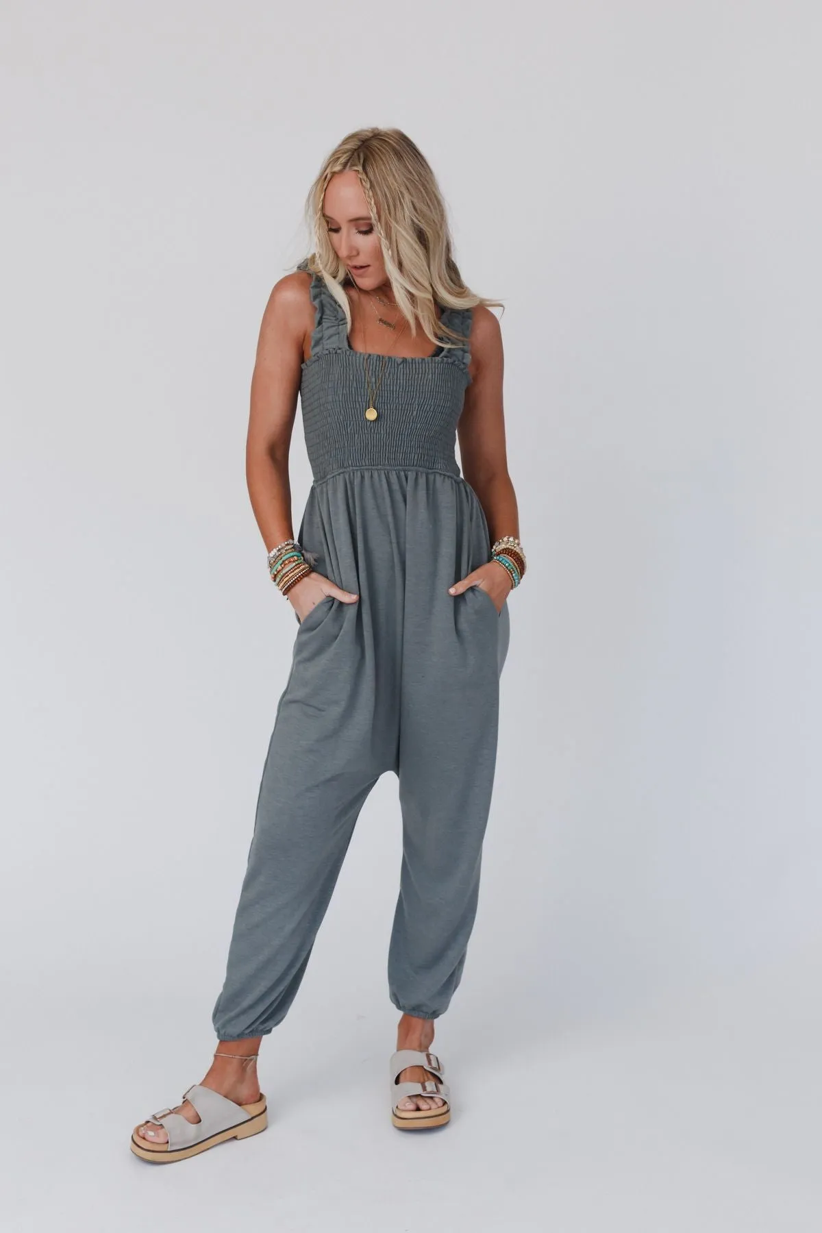 Willow Smocked Harem Jumpsuit - Light Olive