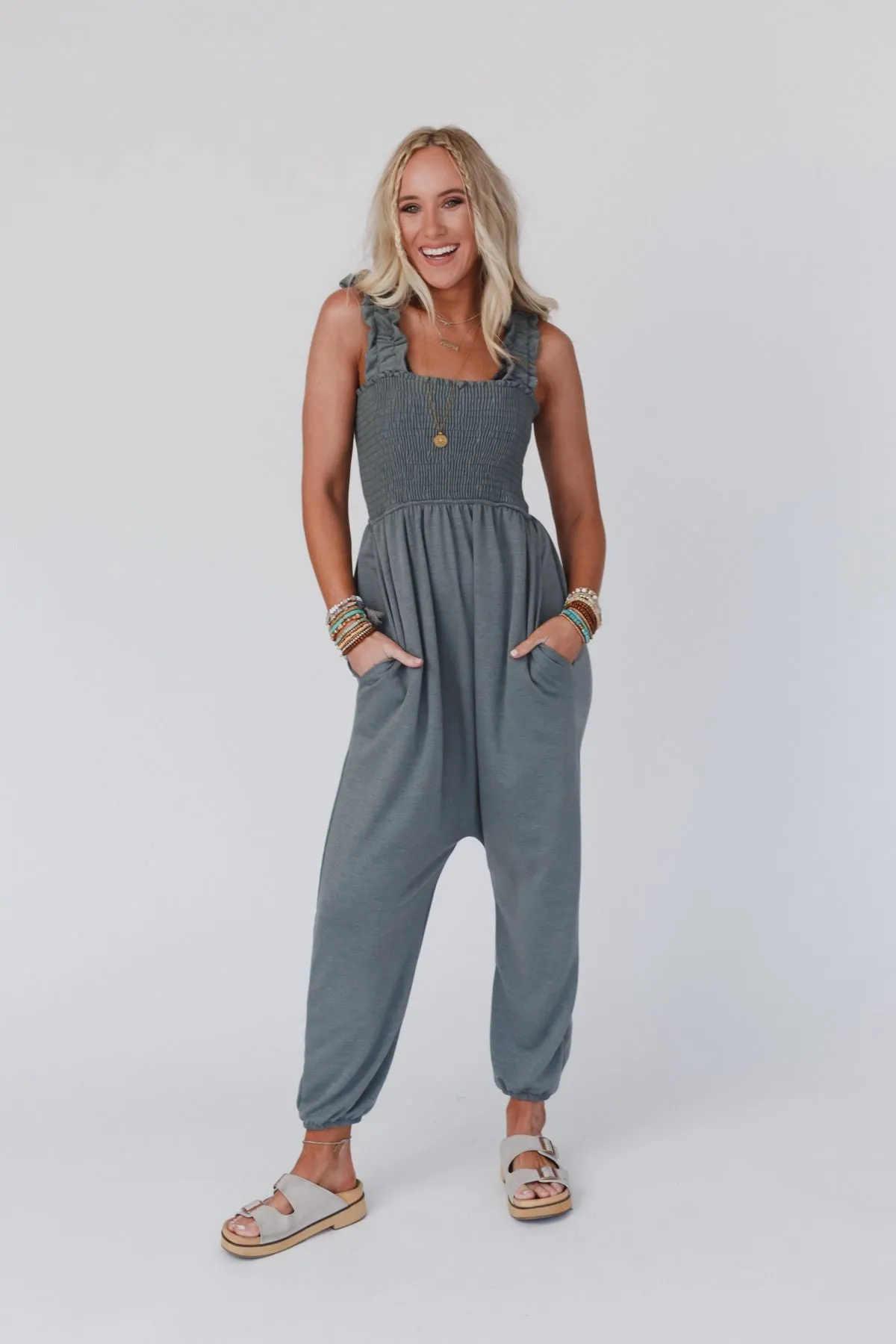 Willow Smocked Harem Jumpsuit - Light Olive