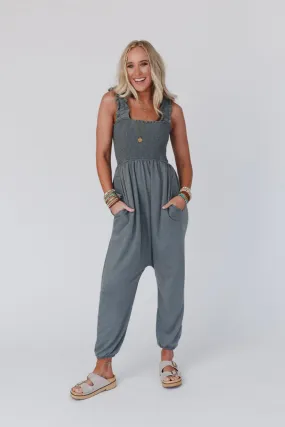 Willow Smocked Harem Jumpsuit - Light Olive