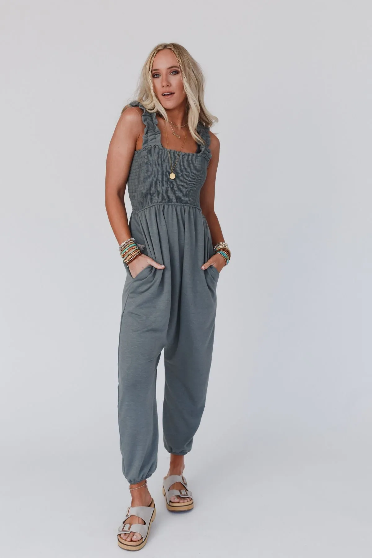 Willow Smocked Harem Jumpsuit - Light Olive